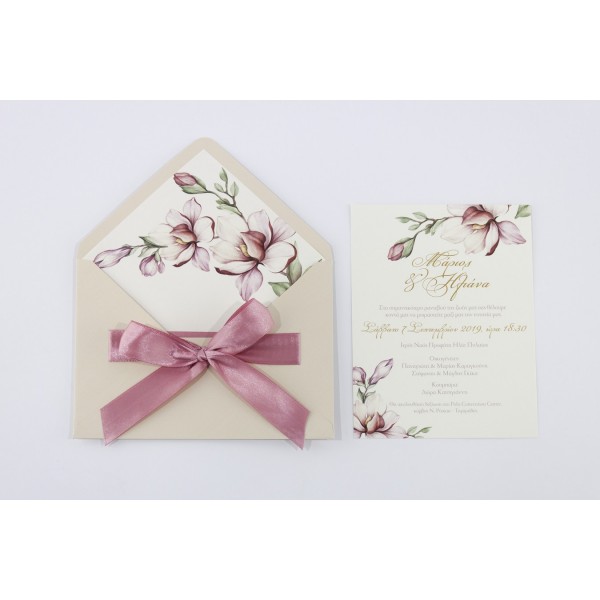 Ρομαντικό προσκλητήριο γάμου ΤΓ7705 σε vintage παστέλ αποχρώσεις και ροζ – λιλά λουλούδια. 