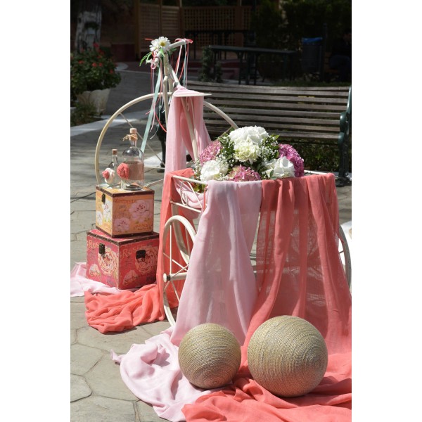  Vintage christening decoration for girl with hydrangea and bicycle