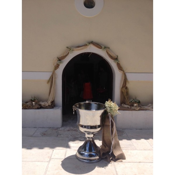 Vintage chapel baptism decoration with cornflowers and chamomile